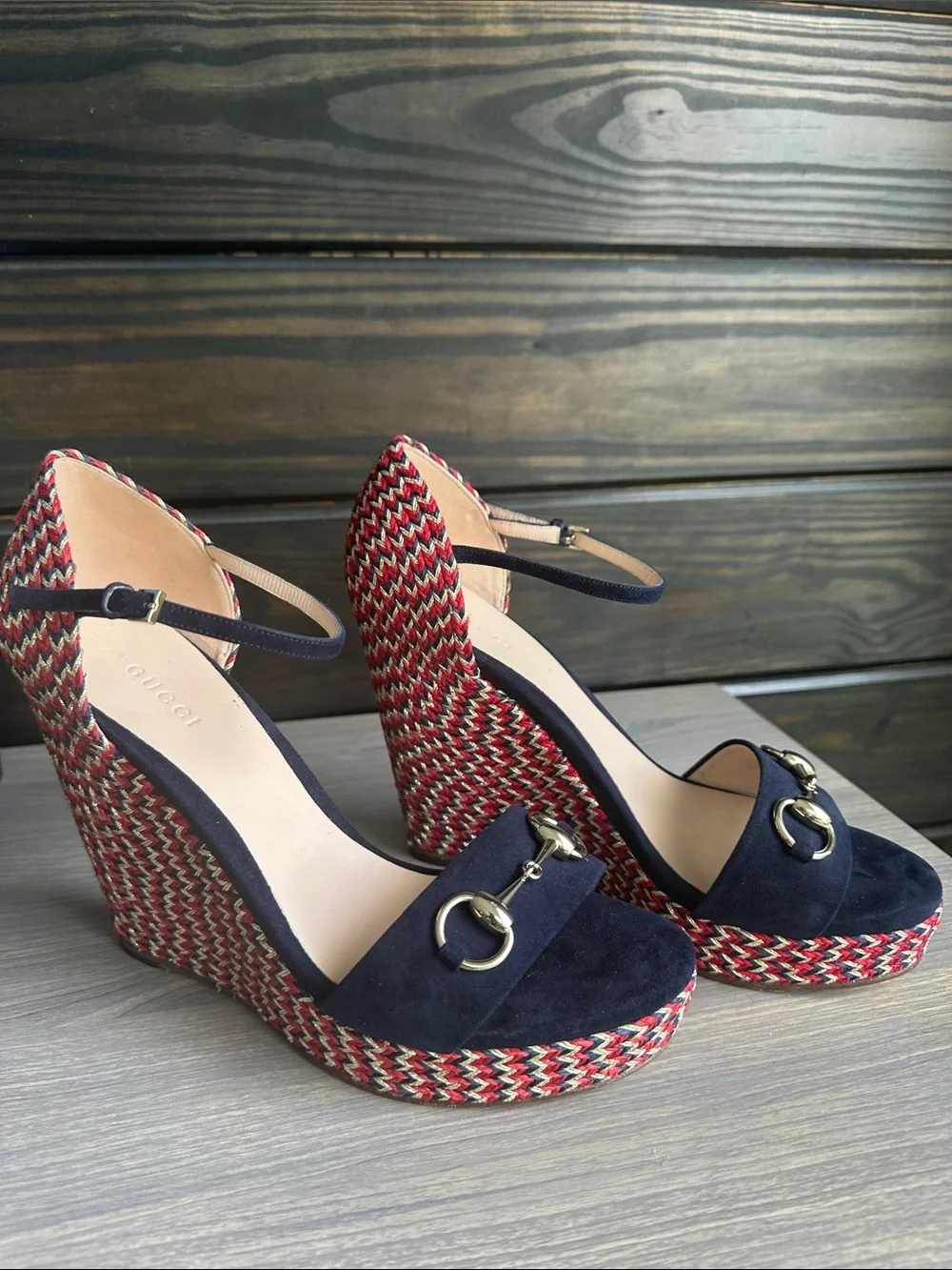 Gucci Navy Suede & Multicolor Woven Wedge Sandals